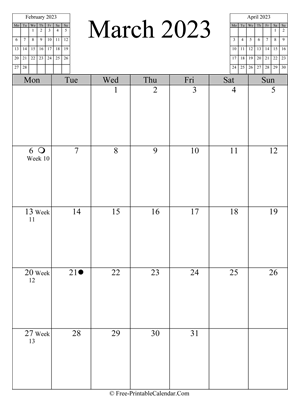 march 2023 calendar vertical