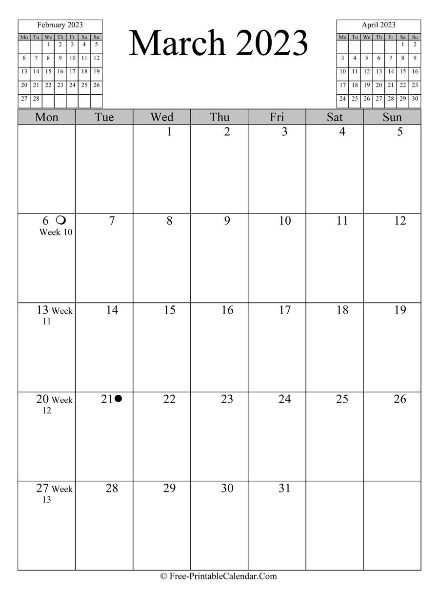 march 2023 Calendar (vertical layout)