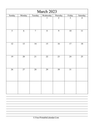 march 2023 editable calendar notes portrait