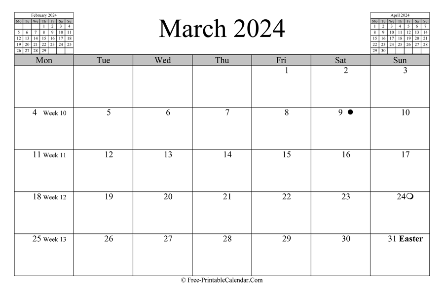 march 2024 Calendar (horizontal layout)