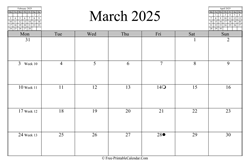 March 2025 Calendar (horizontal)