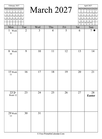 march 2027 calendar vertical