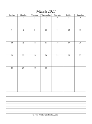 march 2027 editable calendar with notes space