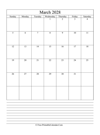 march 2028 editable calendar with notes space