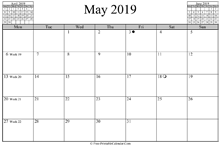 May 2019 Calendar (horizontal)