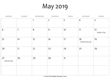 may 2019 calendar printable with holidays