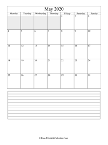 may 2020 editable calendar with notes space