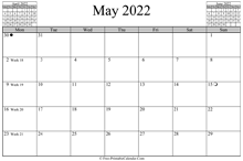 May 2022 Calendar (horizontal)