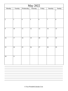 may 2022 editable calendar notes portrait