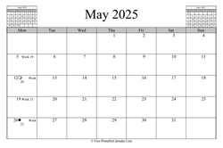 may 2025 calendar horizontal
