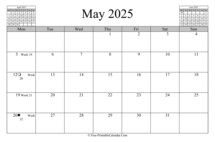 may 2025 Calendar (horizontal layout)