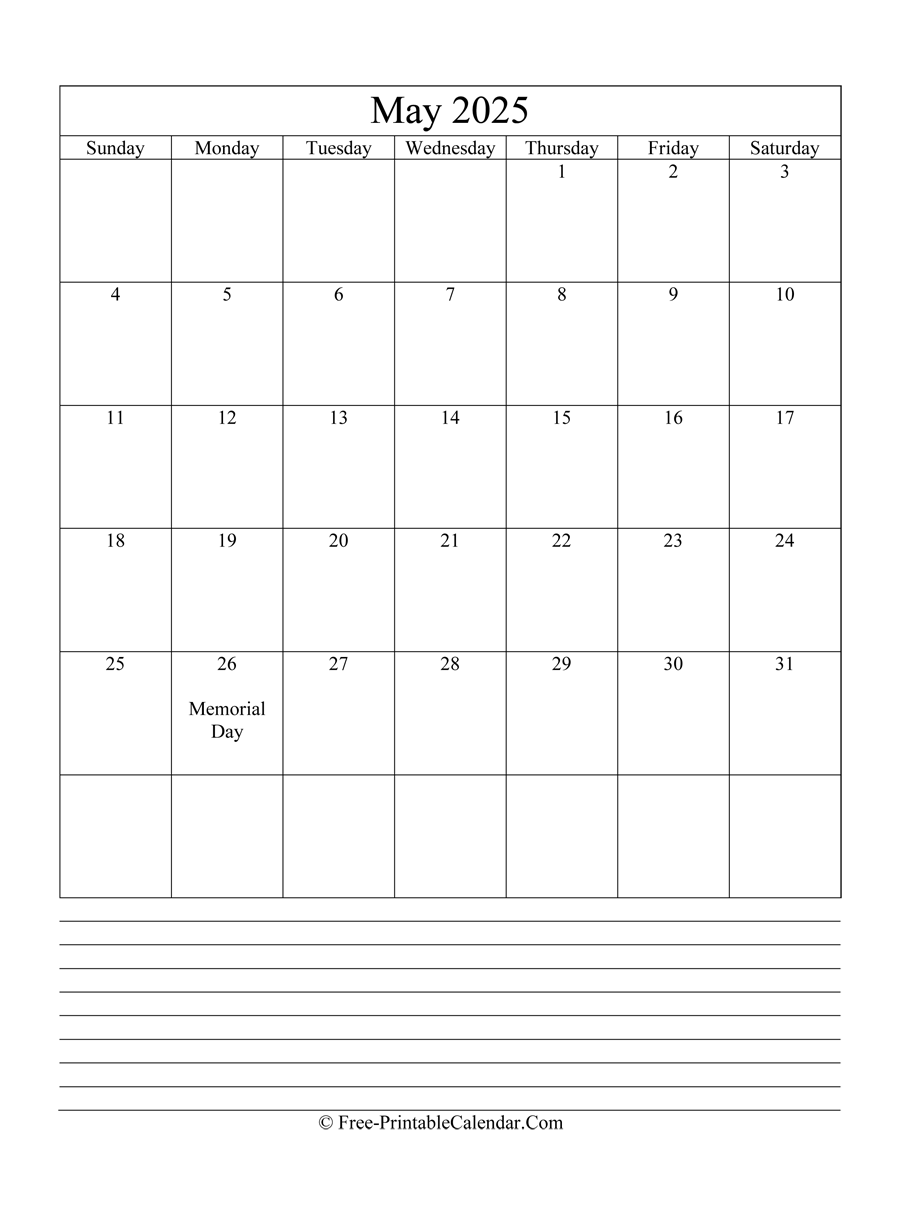 may 2025 Editable Calendar with notes