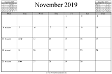 November 2019 Calendar (horizontal)
