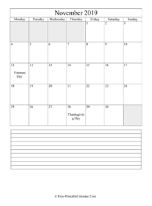 november 2019 editable calendar notes portrait