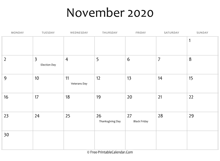 november 2020 calendar printable holidays