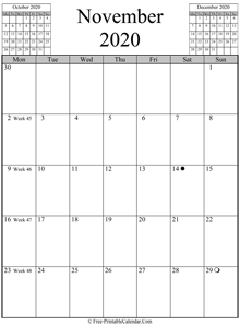 november 2020 calendar vertical