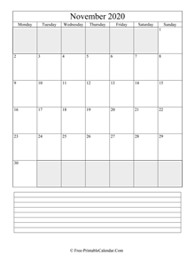 november 2020 editable calendar with notes space