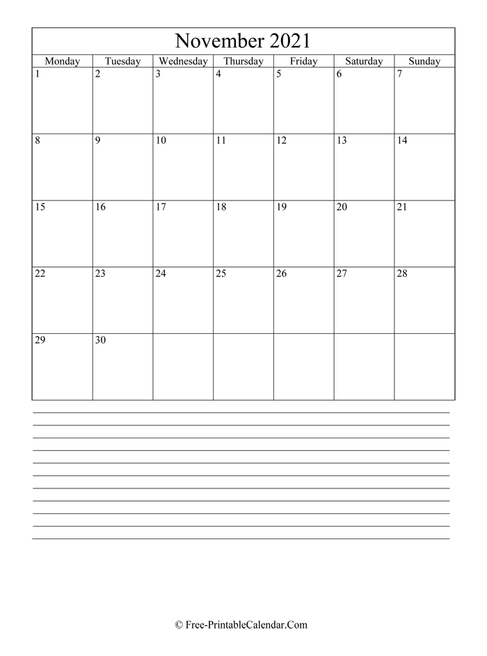 november 2021 Editable Calendar with notes