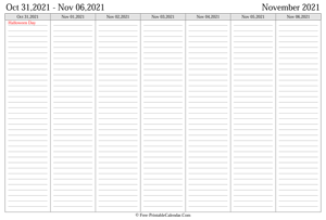 november 2021 weekly calendar landscape layout
