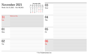 november 2021 weekly calendar planner landscape layout