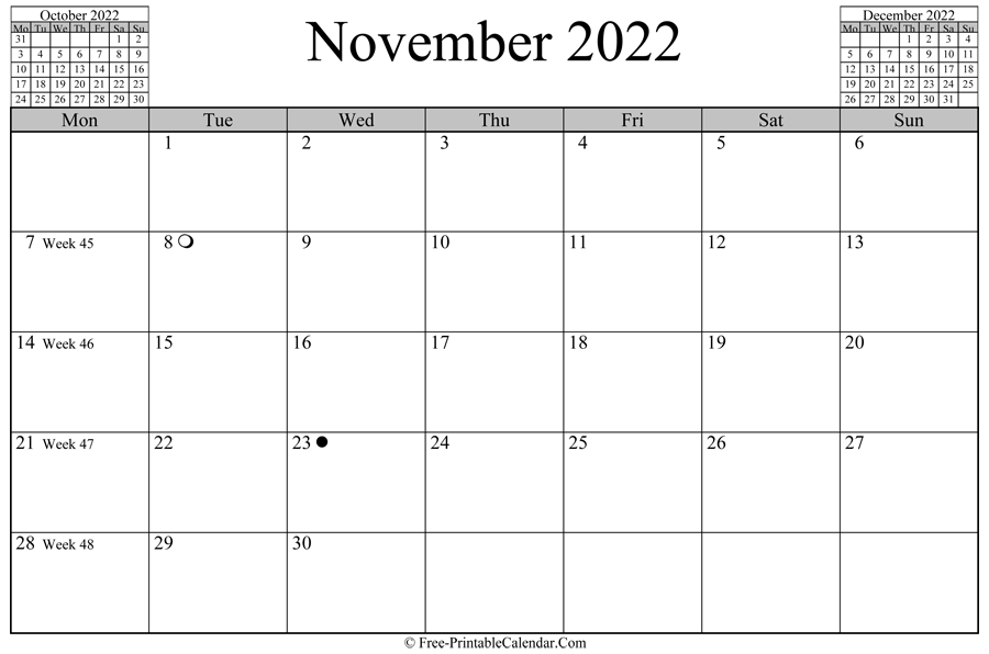 november 2022 Calendar (horizontal layout)