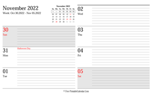 november 2022 weekly calendar planner landscape layout