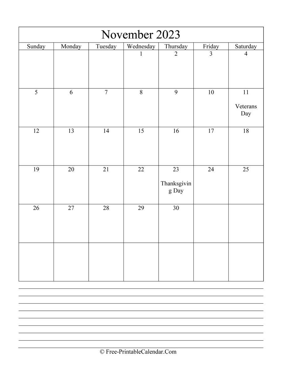 november 2023 Editable Calendar with notes
