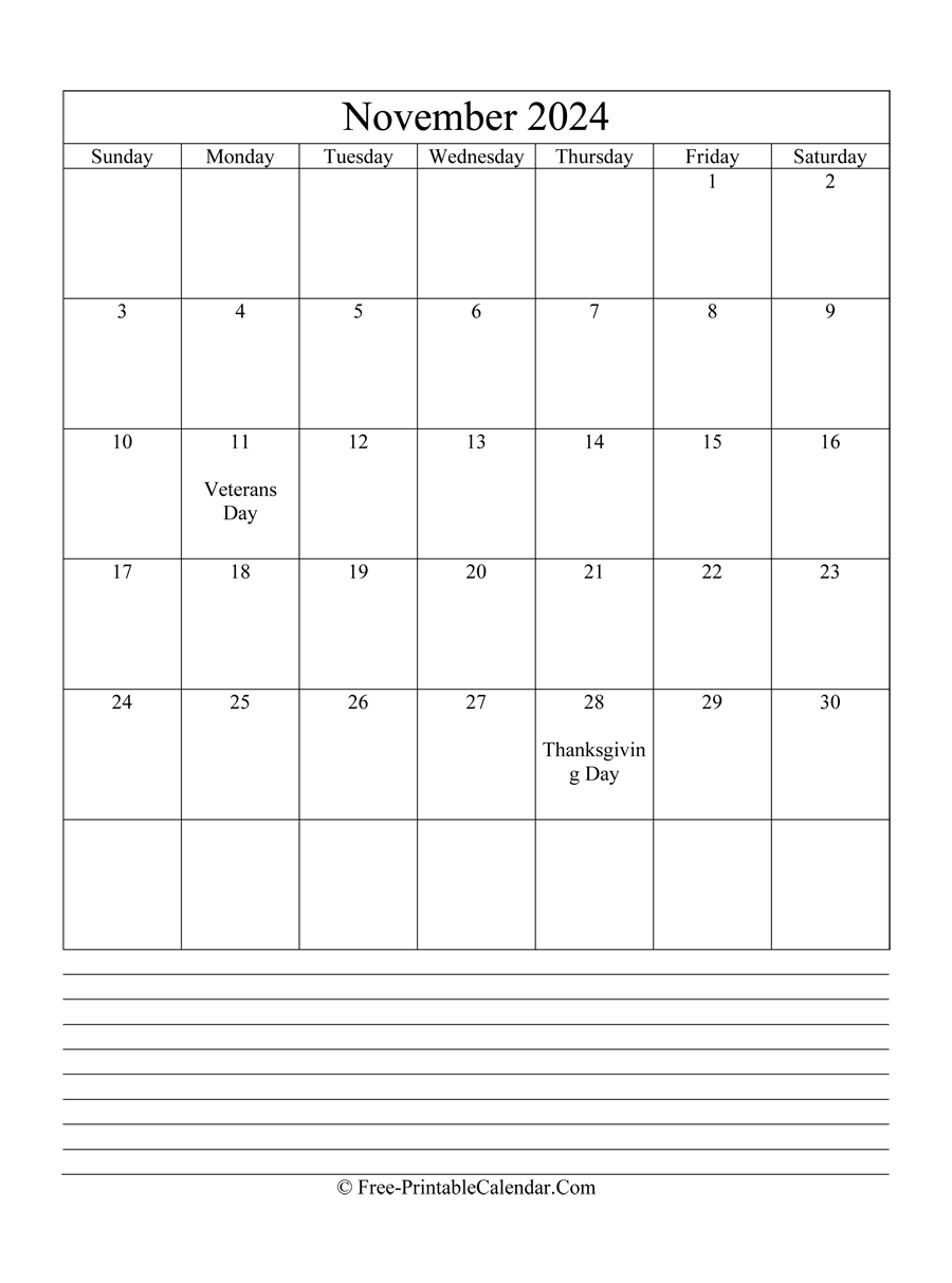 november 2024 Editable Calendar with notes