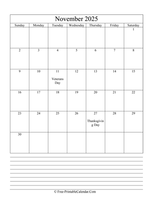 november 2025 editable calendar notes portrait