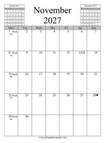 november 2027 calendar vertical