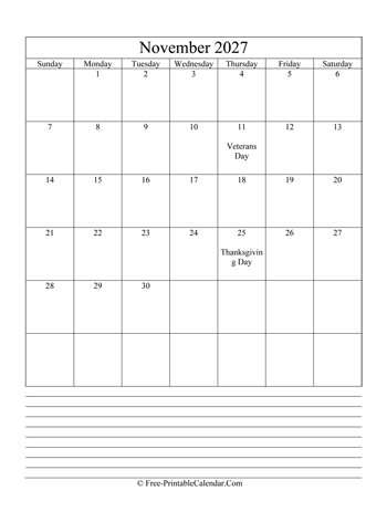 november 2027 editable calendar notes portrait