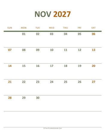 november 2027 printable calendar