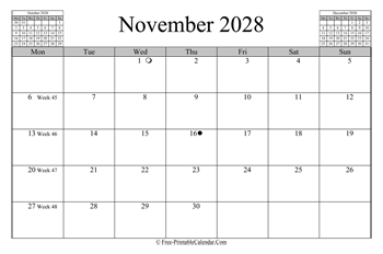 november 2028 calendar horizontal