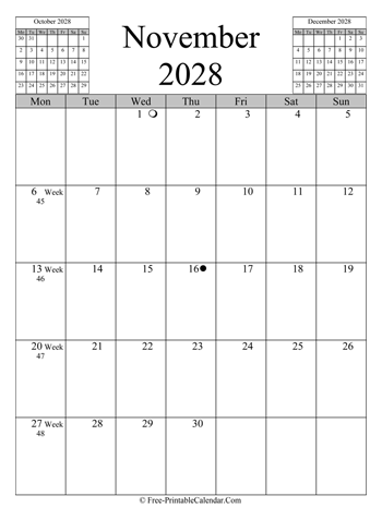 november 2028 calendar vertical