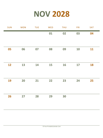 november 2028 printable calendar