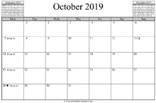 October 2019 Calendar (horizontal)
