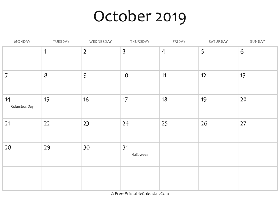 October 2019 Calendar Printable with Holidays