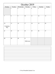 october 2019 editable calendar notes portrait