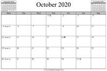 October 2020 Calendar (horizontal)