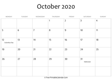 october 2020 calendar printable with holidays