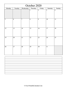 october 2020 editable calendar with notes space