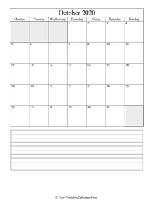 october 2020 editable calendar notes portrait