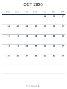 october 2020 printable calendar