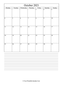 october 2021 editable calendar with notes space