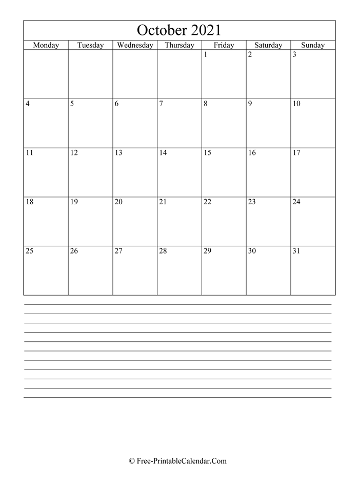 october 2021 Editable Calendar with notes