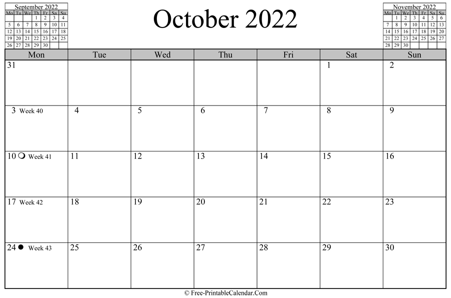 october 2022 Calendar (horizontal layout)