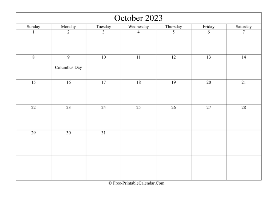 October 2023 Calendar Printable with Holidays