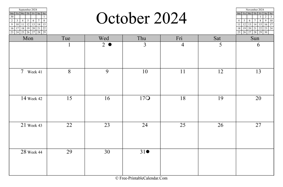october 2024 Calendar (horizontal layout)