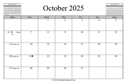 October 2025 Calendar (horizontal)
