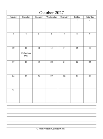 october 2027 editable calendar notes portrait